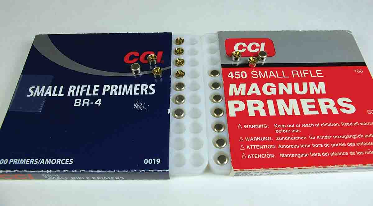 CCI BR-4 Small Rifle primers (left) are for standard loads in small rifle cartridges. CCI 450 Small Rifle Magnum primers are used for heavier charges of hard-to-ignite powders.